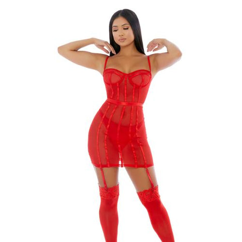 Forplay Sheer Intimacy Mesh Bustier Set Red from Nice 'n' Naughty